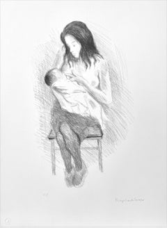 MÈRE NOURRISSANTE, lithographie signée, dessin réaliste, femme assise qui allaite