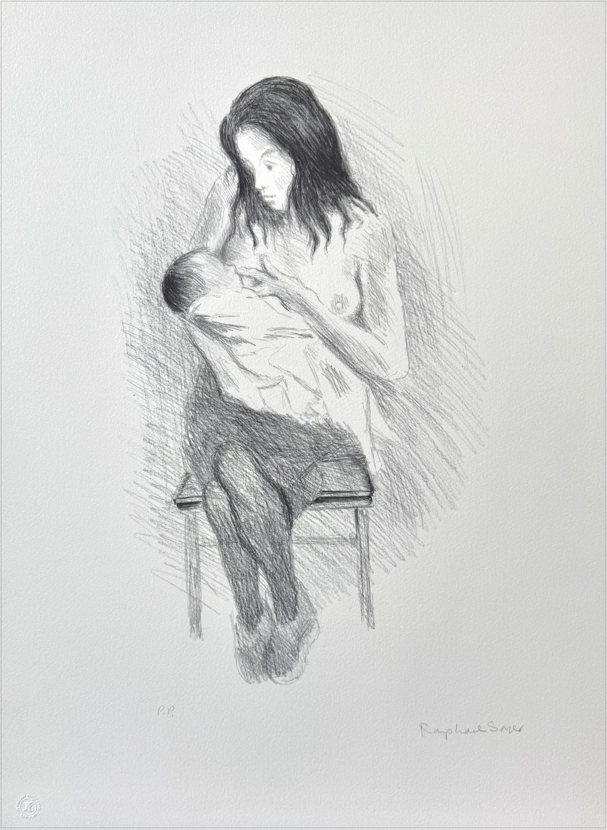 Raphael Soyer Portrait Print – NURSING MOTHER, Signierte Lithographie, Realistische Zeichnung, Sitzende Frau beim Stillen
