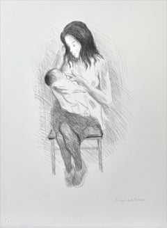 NURSING MOTHER, Signierte Lithographie, Realistische Zeichnung, Sitzende Frau beim Stillen