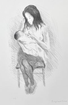 MÈRE NOURRISSANTE, lithographie signée, dessin réaliste, femme assise qui allaite