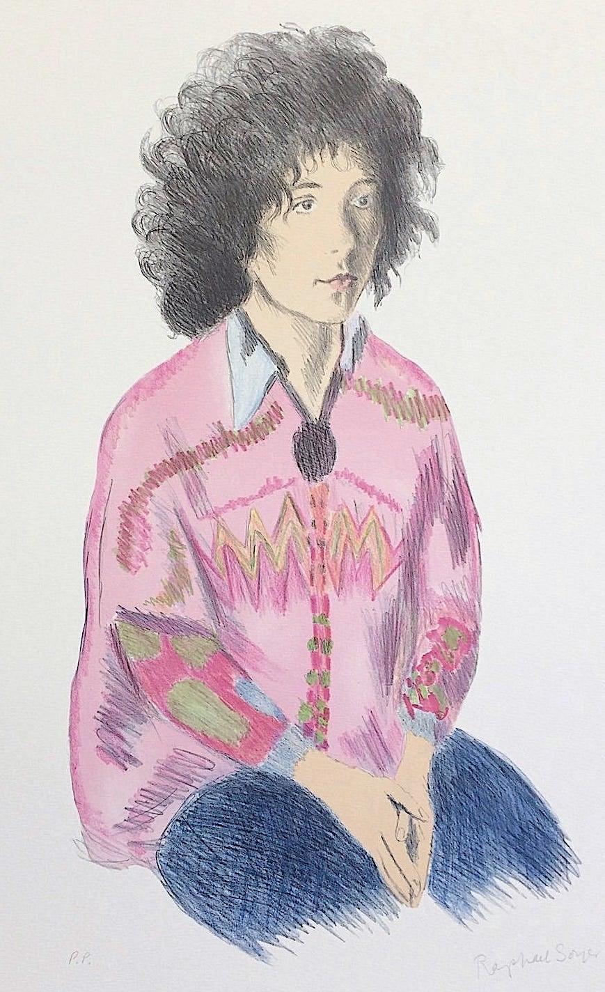 Portrait of Liz, Signed Lithograph, Seated Woman Fluffy Hair, Pink Tunic, Jeans - Print by Raphael Soyer