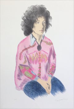 Portrait of Liz, Signed Lithograph, Seated Woman Fluffy Hair , Pink Tunic, Jeans