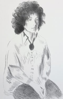 Portrait of Liz, Signed Lithograph 1979, Realist Style Woman, Boho Tunic, Jeans