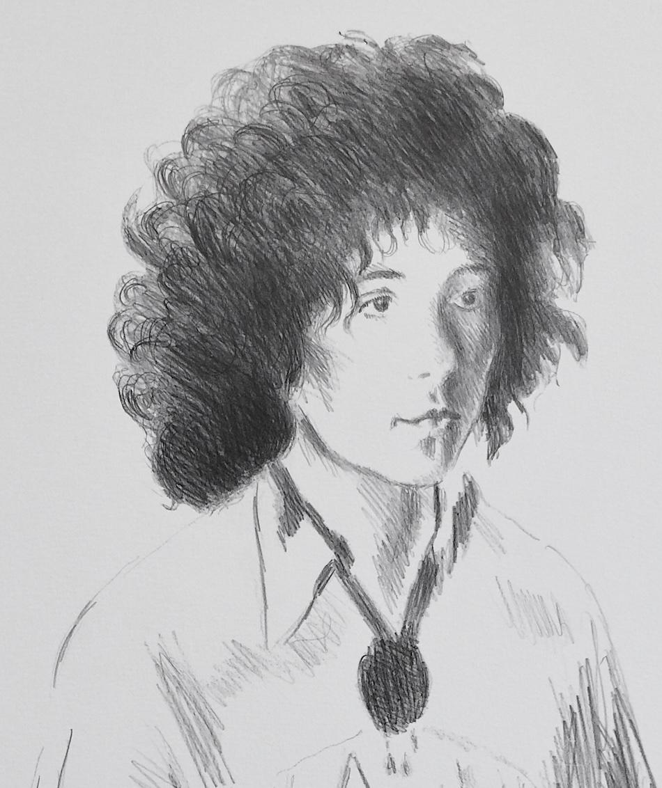 Ritratto di Liz, litografia firmata, donna seduta dai capelli scuri, tunica Boho, jeans - Portrait Print Grigio di Raphael Soyer