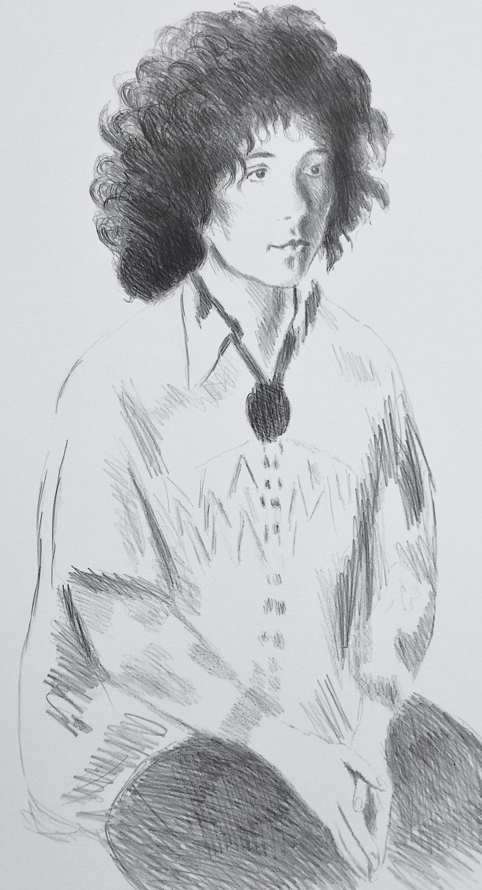 Ritratto di Liz, litografia firmata, donna seduta dai capelli scuri, tunica Boho, jeans - Print Realismo di Raphael Soyer