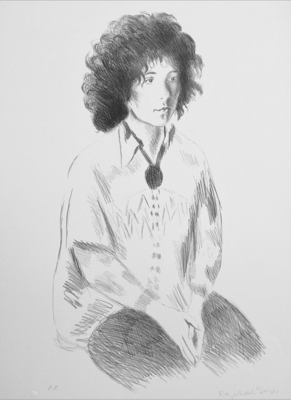 Portrait of Liz, Signed Lithograph, Seated Dark Hair Woman, Boho Tunic, Jeans - Realist Print by Raphael Soyer