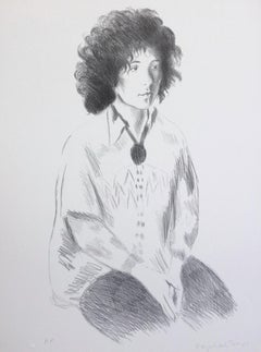 Portrait of Liz, Signed Lithograph, Seated Dark Hair Woman, Boho Tunic, Jeans