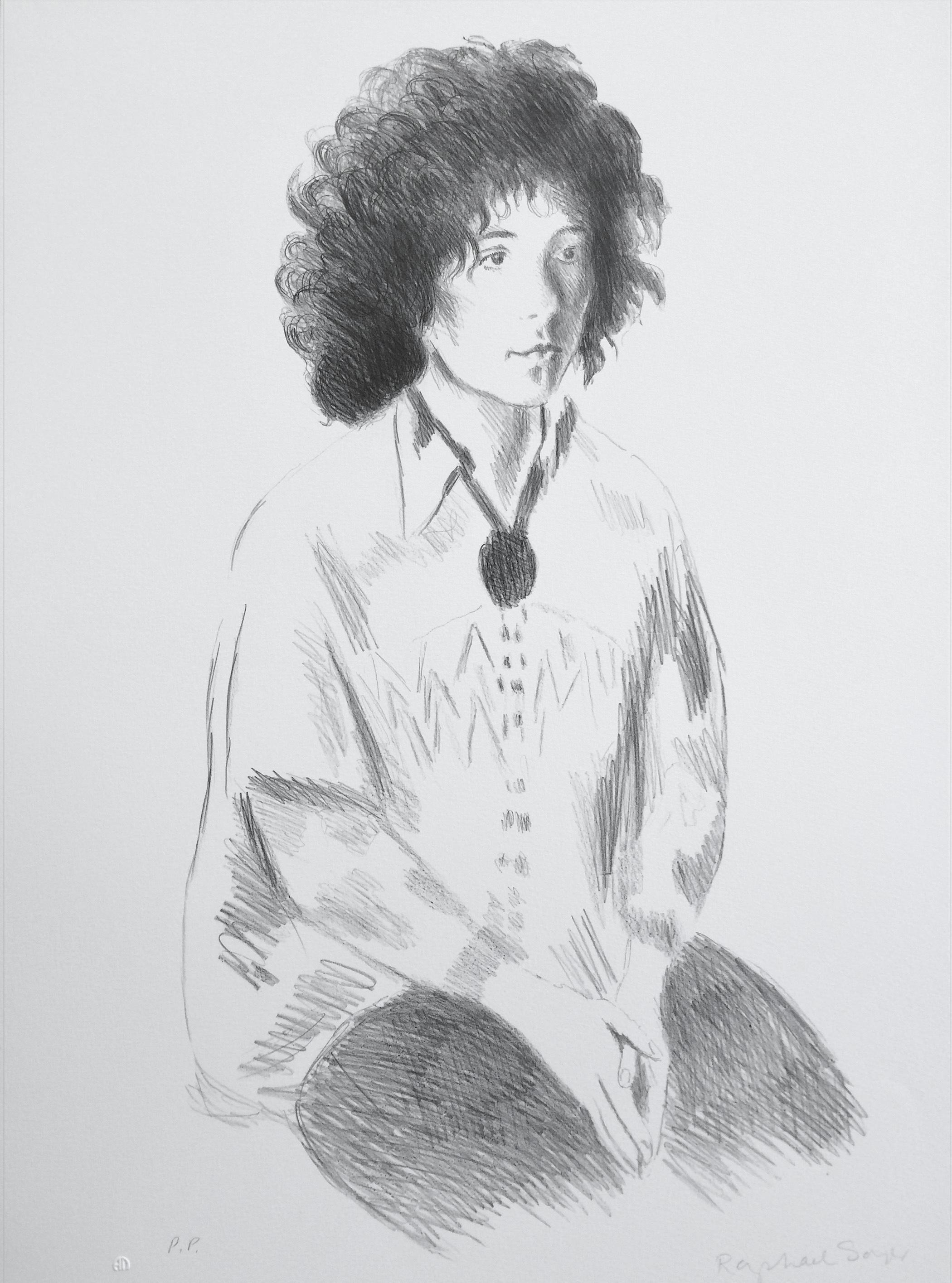 Raphael Soyer Portrait Print - Portrait of Liz, Signed Lithograph 1979, Realist Style Woman, Boho Tunic, Jeans