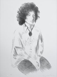 Portrait of Liz, Signed Lithograph 1979, Realist Style Woman, Boho Tunic, Jeans