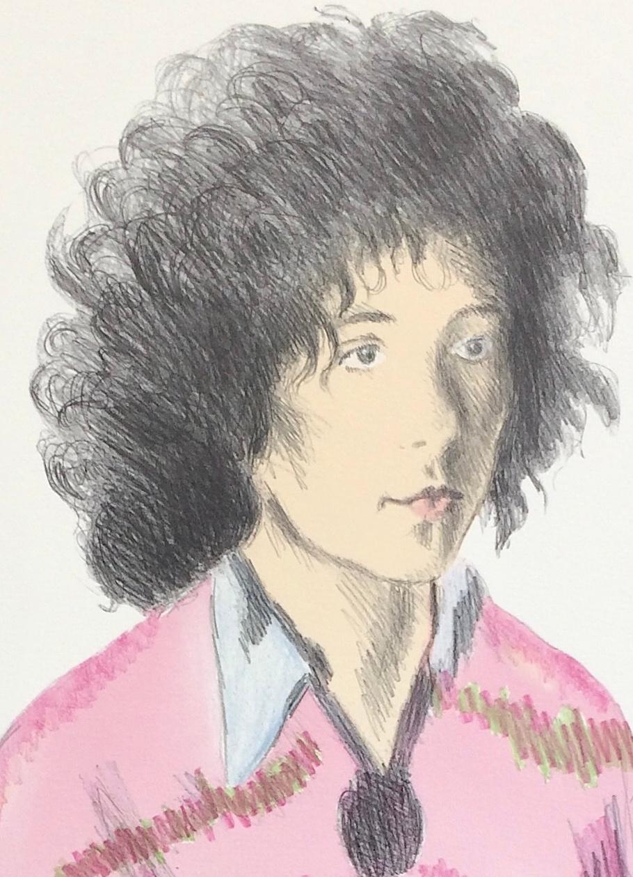 Ritratto di Liz, litografia firmata, donna seduta dai capelli vaporosi, tunica rosa, jeans - Print Realismo di Raphael Soyer