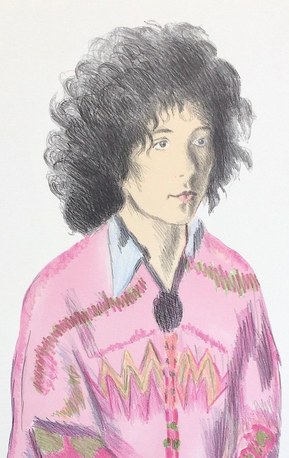 Ritratto di Liz, litografia firmata, donna seduta dai capelli vaporosi, tunica rosa, jeans - Figurative Print Grigio di Raphael Soyer