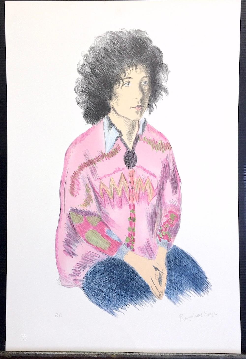 Ritratto di Liz, litografia firmata, donna seduta dai capelli vaporosi, tunica rosa, jeans in vendita 3