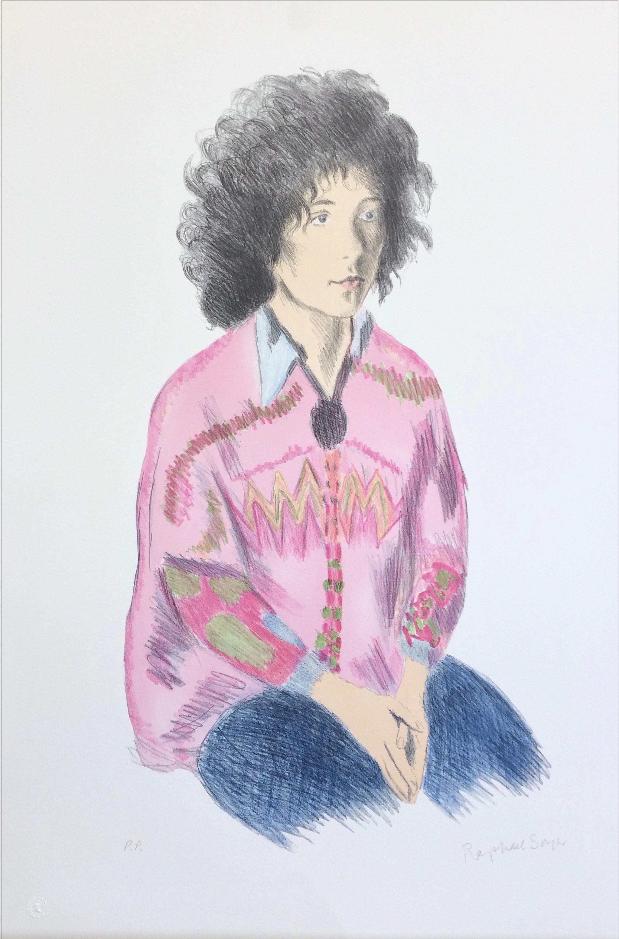 Portrait of Liz, Signed Lithograph, Seated Woman Fluffy Hair, Pink Tunic, Jeans