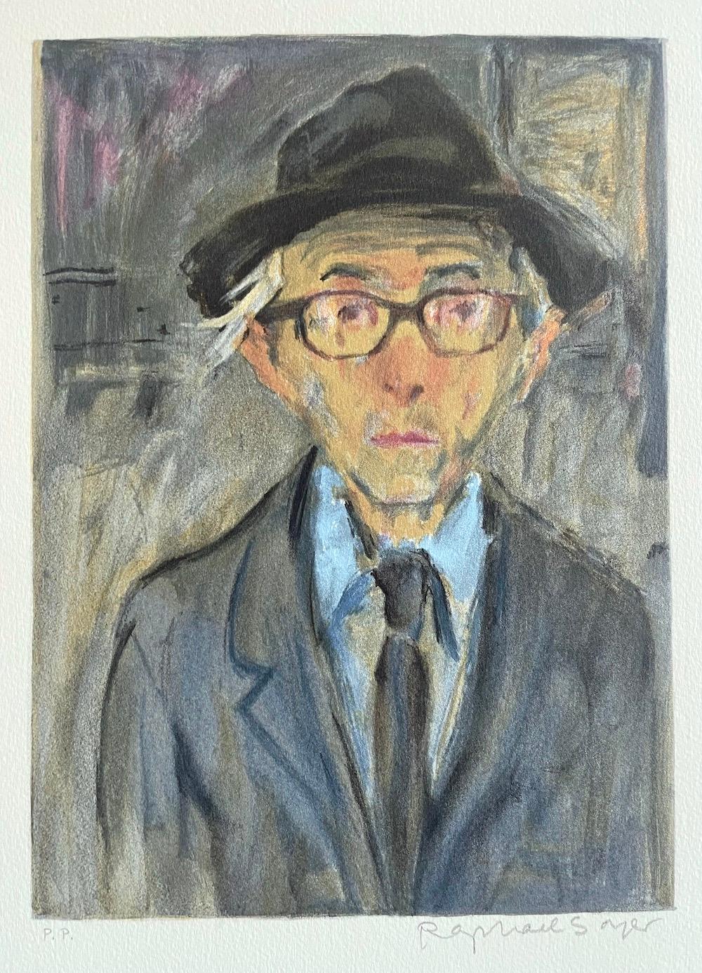 Raphael Soyer Autorretrato, Litografía firmada, Hombre con sombrero, chaqueta gris, Realismo en venta 1