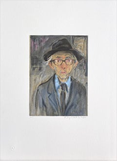 Raphael Soyer Autorretrato, Litografía firmada, Hombre con sombrero, chaqueta gris, Realismo