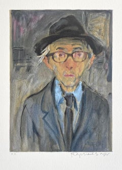 Raphael Soyer Self-Portrait, Lithographie signée, Homme au chapeau, veste grise, Réalisme