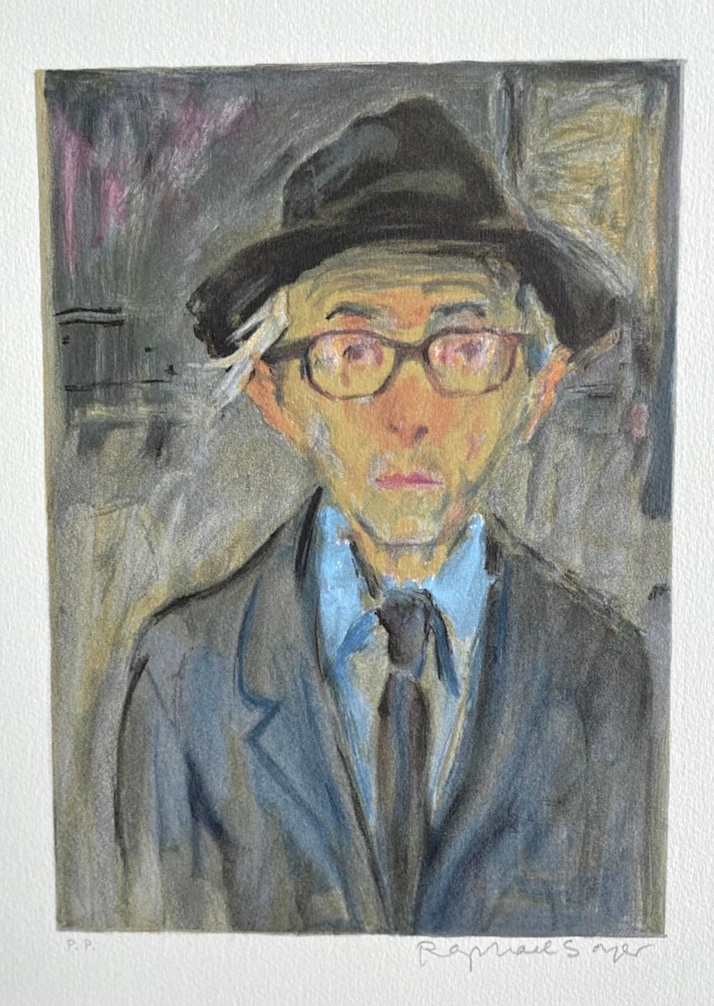 Raphael Soyer Self-Portrait, Signed Lithograph, Man in Hat w Glasses, Realism