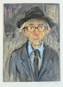 Vintage Raphael Soyer Self-Portrait, Signed Lithograph, Man in Hat w Glasses, Realism