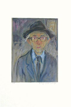 Self-Portrait de Raphaël Soyer, lithographie signée, homme au chapeau et lunettes