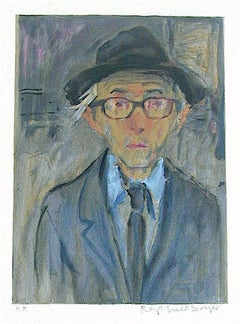 Raphael Soyer Self-Portrait, Signed Lithograph, Man in Hat w Glasses