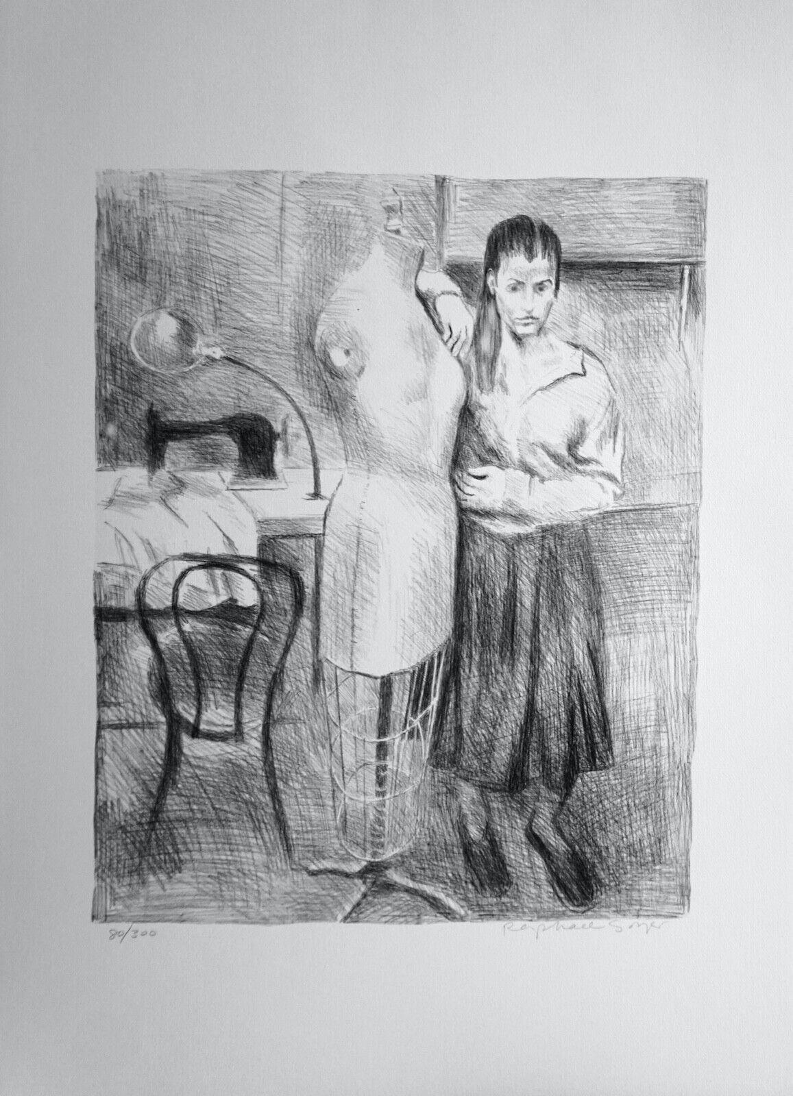 Artist: Raphael Soyer
Title: Seamstress 1 Portfolio
Medium: 2 Lithographs, 1 printed in color & 1 black/white
Original paper portfolio cover 
Signed: Hand Signed
Edition: From the edition of 300
Measurements: 21 1/2
