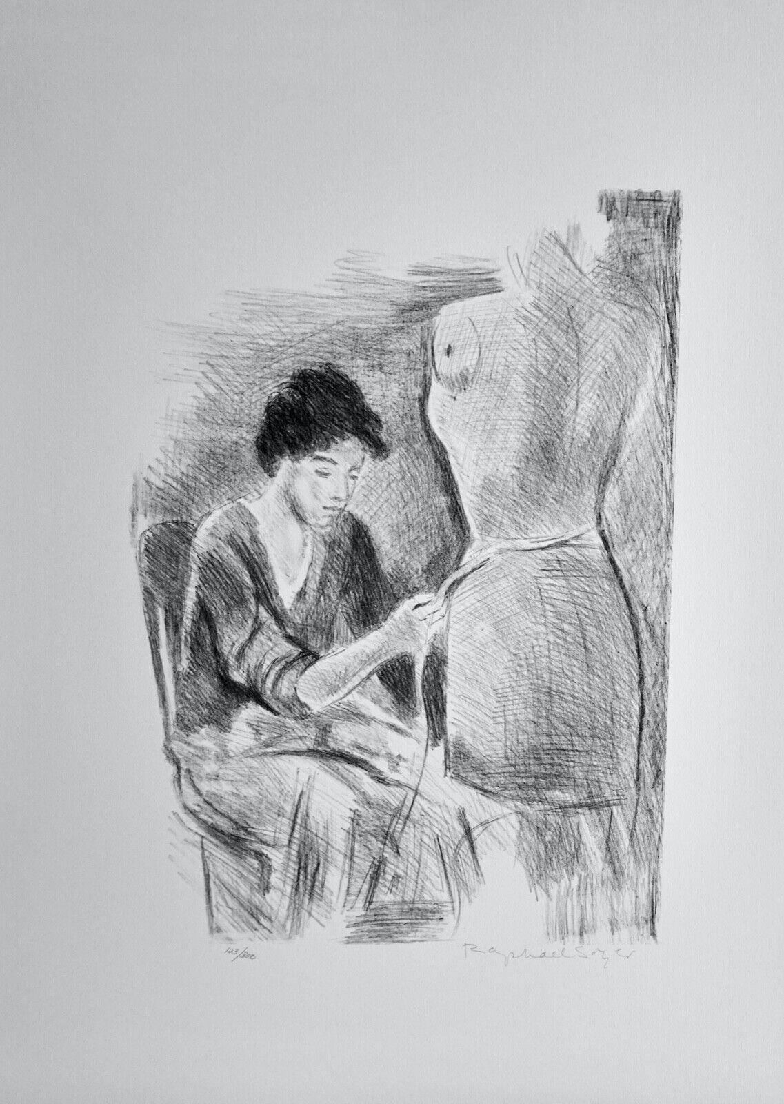 Artist: Raphael Soyer
Title: Seamstress II Portfolio
Medium: 2 Lithographs, 1 printed in color & 1 black/white
Original paper portfolio cover 
Signed: Hand Signed
Edition: From the Edition of 300
Measurements: 21 1/2