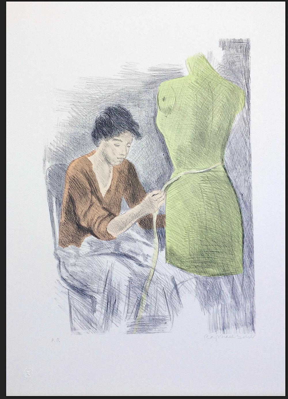 SEATED SEAMSTRESS Litografia firmata Giovane donna, forma di vestito, ruggine, giallo lime in vendita 3