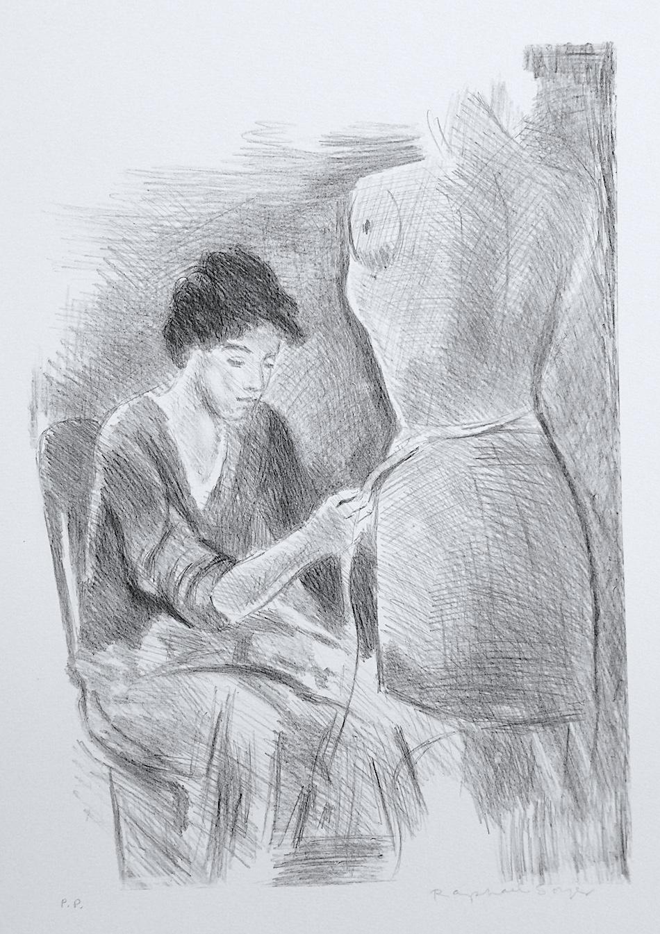 SEATED SEAMSTRESS Signed Lithograph, Young Woman Measuring Tape Dress Form - Print by Raphael Soyer