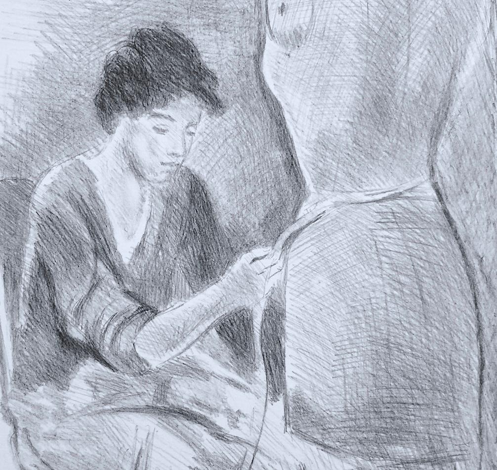 Litografia firmata SEATED SEAMSTRESS, Giovane donna che misura la forma del vestito con il nastro adesivo - Portrait Print Grigio di Raphael Soyer