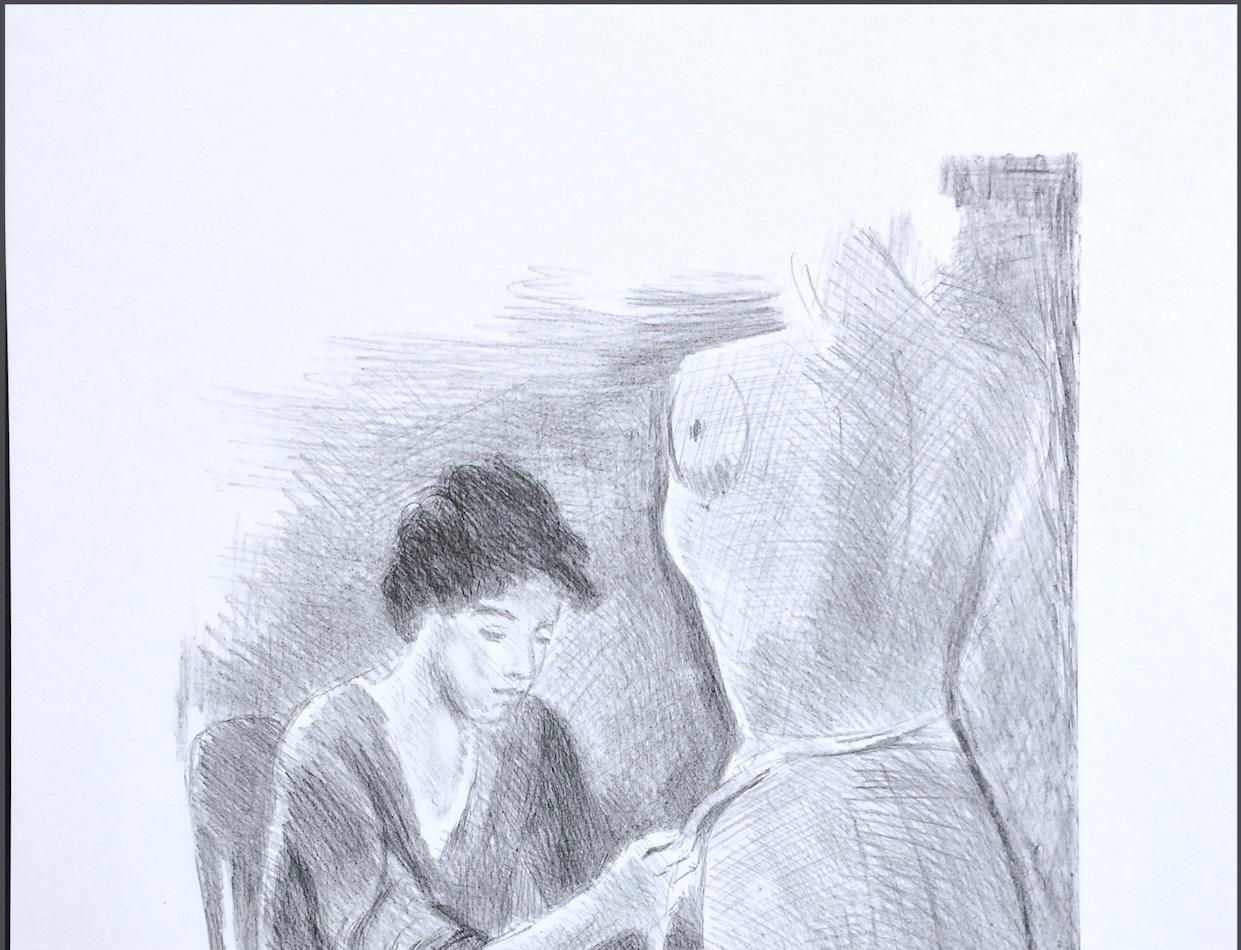 Litografia firmata SEATED SEAMSTRESS, Giovane donna che misura la forma del vestito con il nastro adesivo in vendita 1