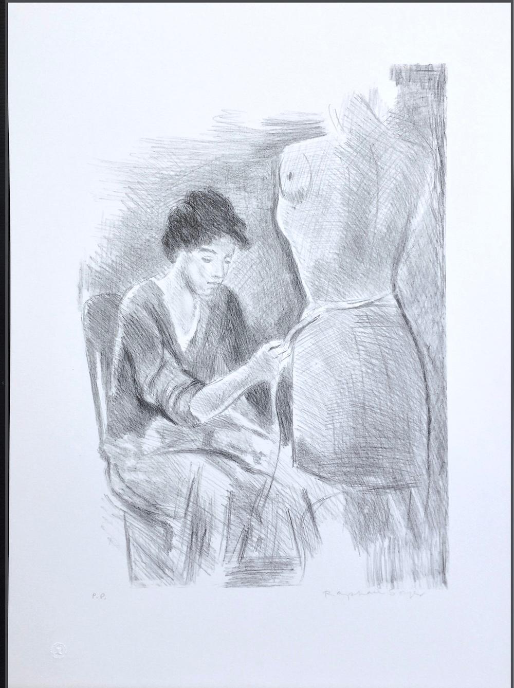 Litografia firmata SEATED SEAMSTRESS, Giovane donna che misura la forma del vestito con il nastro adesivo in vendita 3