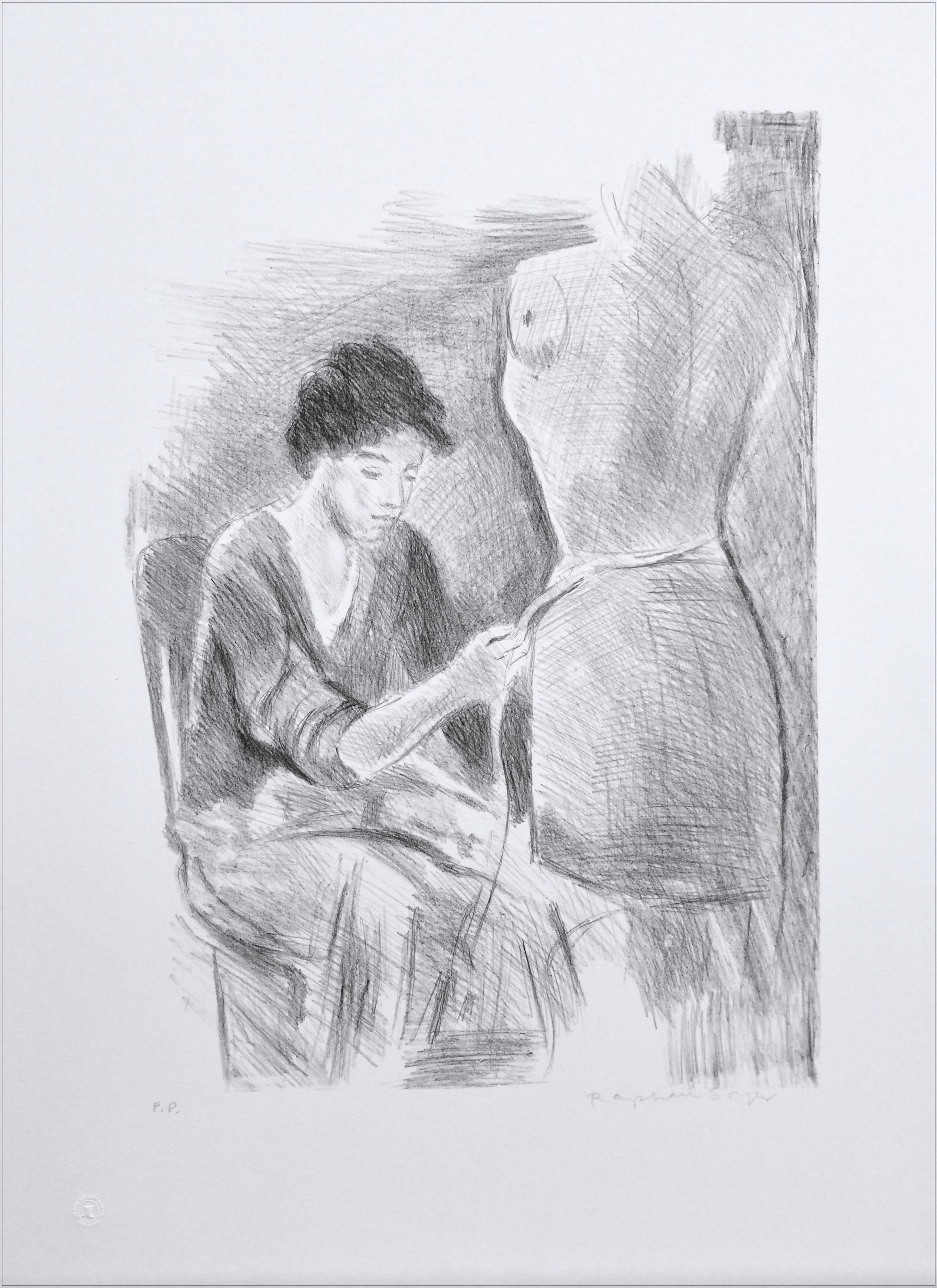 Litografia firmata SEATED SEAMSTRESS, Giovane donna che misura la forma del vestito con il nastro adesivo