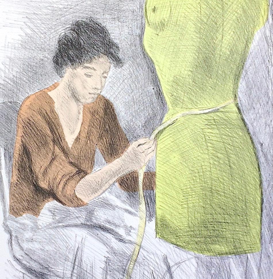 Lithographie signée jeune femme, forme de robe, rouille, jaune citron  - Réalisme Print par Raphael Soyer
