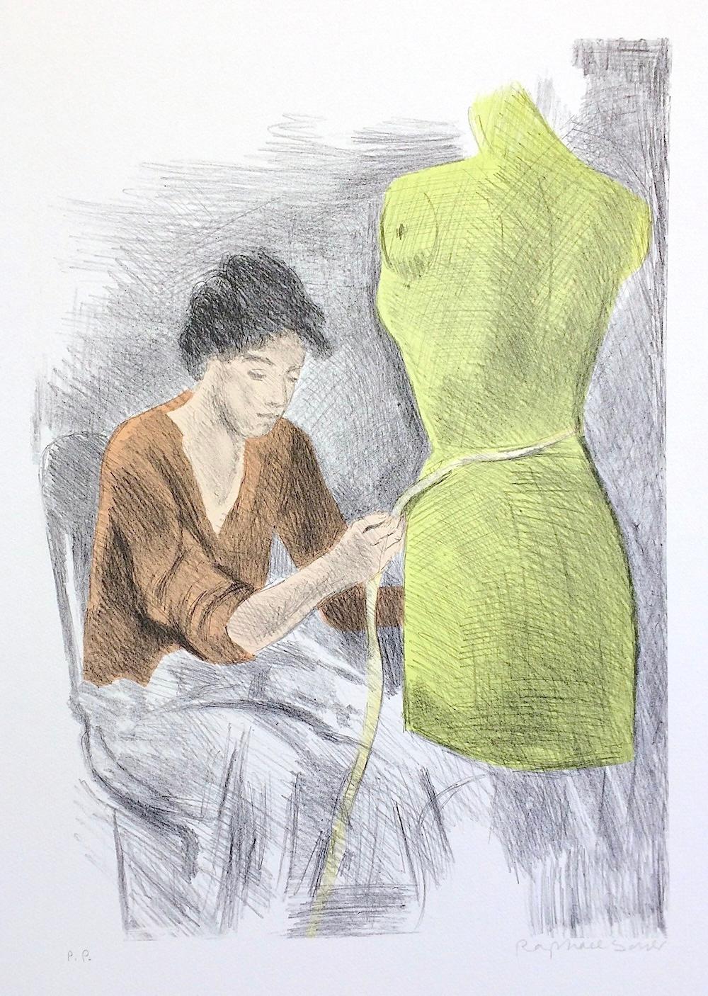 SEATED SEAMSTRESS Signed Lithograph Young Woman, Dress Form, Rust, Lime Yellow  - Print by Raphael Soyer