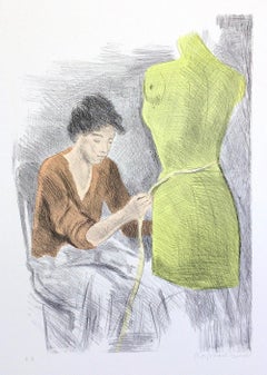SEATED SEAMSTRESS Signed Lithograph Young Woman, Dress Form, Rust, Lime Yellow