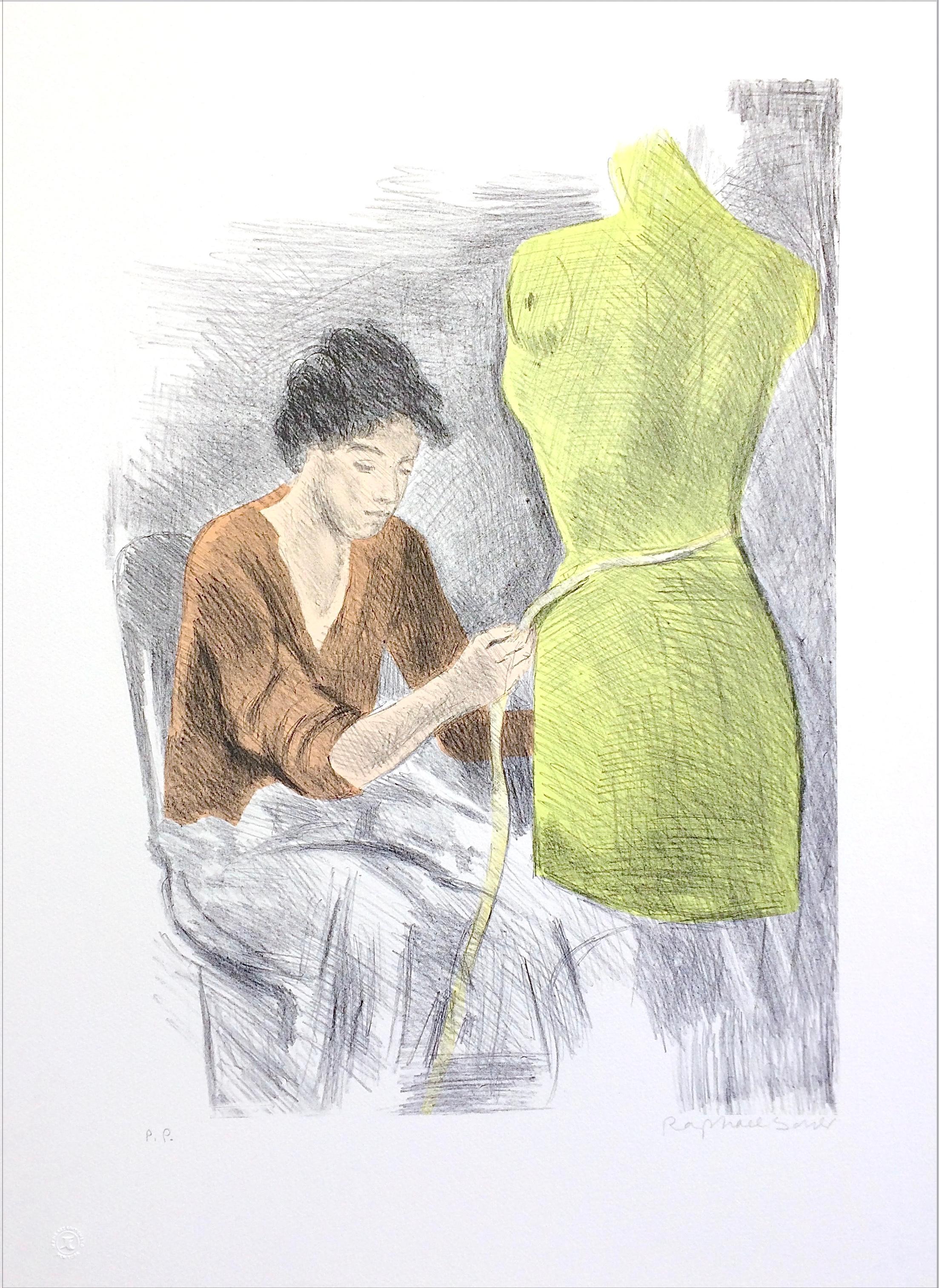 SEATED SEAMSTRESS Signierte Lithographie Eine junge Frau, Kleidform, Rost, Limonengelb, signiert 