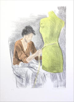 SEATED SEAMSTRESS Signed Lithograph Young Woman, Dress Form, Rust, Lime Yellow 