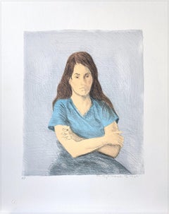 SEATED WOMAN ARMS CROSSED Signed Lithograph, Young Woman Arms Crossed, Blue Tee