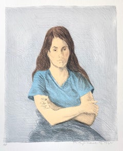 SEATED WOMAN ARMS CROSSED Signed Lithograph, Young Woman Arms Crossed, Blue Tee