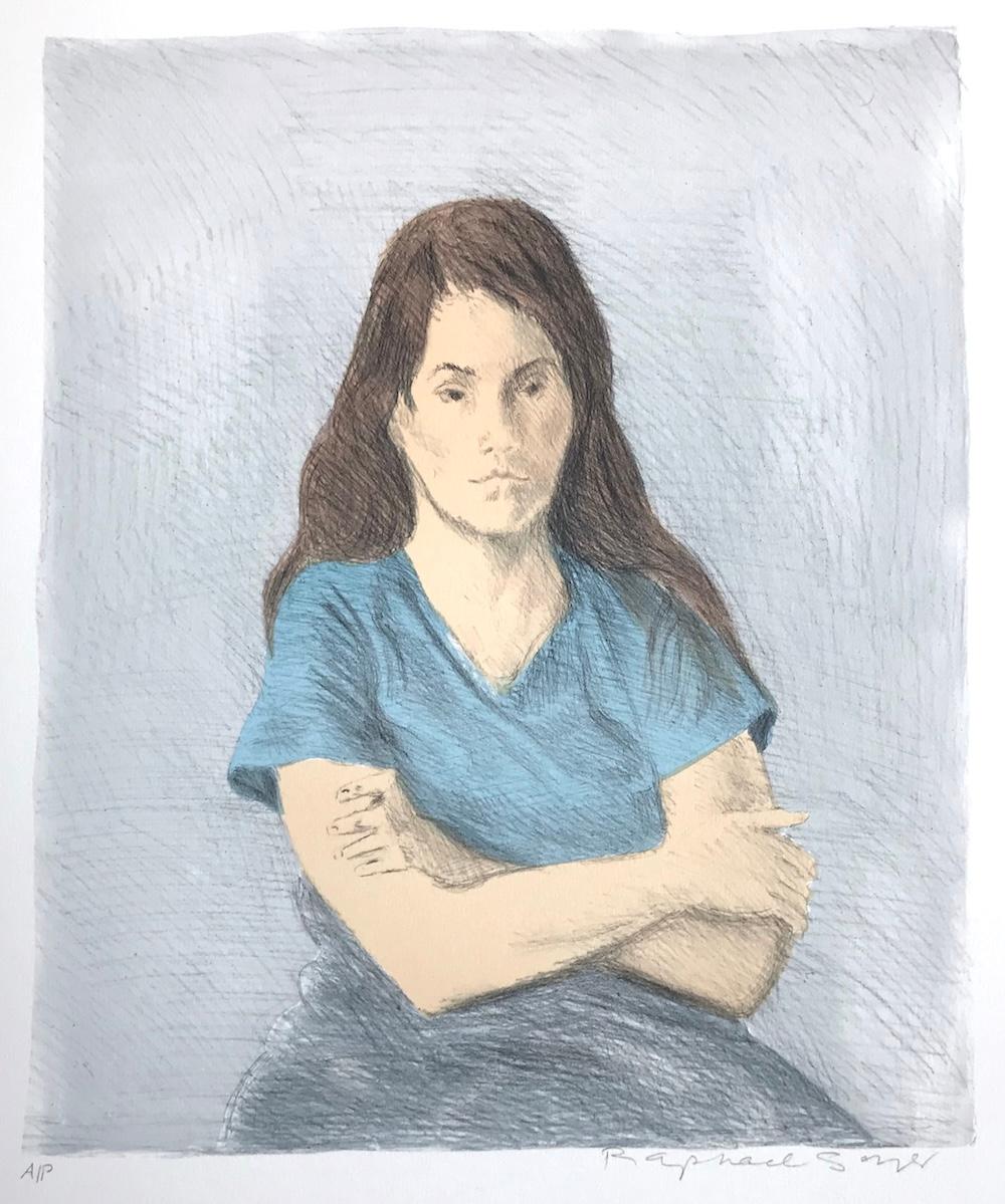 DONNA SEDUTA A BRACCIA INCROCIATA Litografia firmata, Giovane donna a braccia incrociate, T-shirt blu - Print Realismo di Raphael Soyer