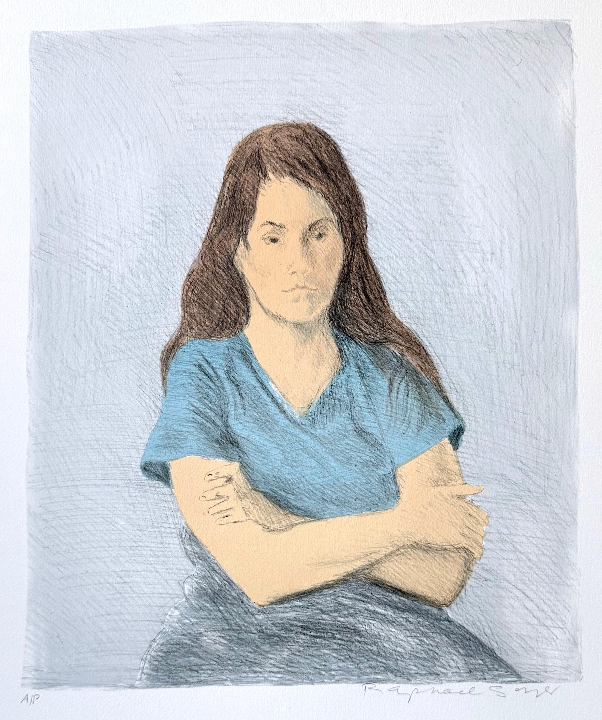 Lithographie signée, jeune femme aux bras croisés, t-shirt bleu - Print de Raphael Soyer