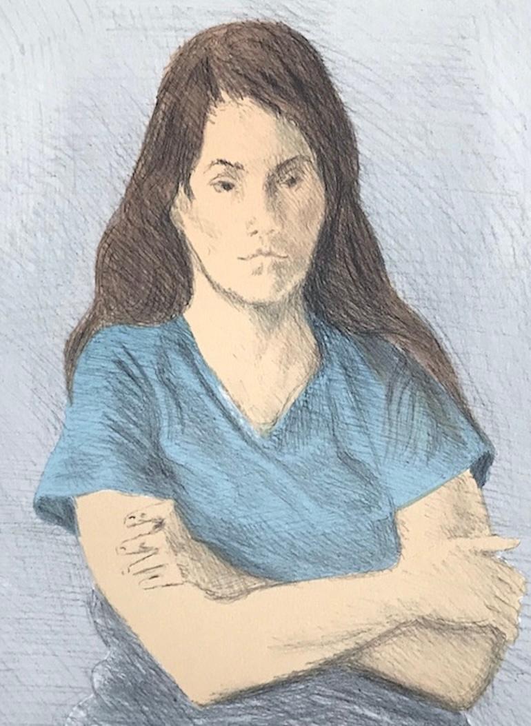 DONNA SEDUTA A BRACCIA INCROCIATA Litografia firmata, Giovane donna a braccia incrociate, T-shirt blu - Portrait Print Grigio di Raphael Soyer
