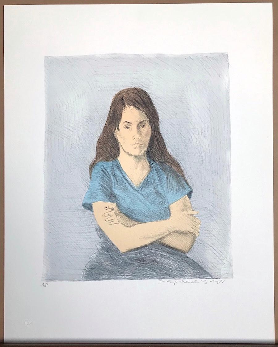 SEATED WOMAN ARMS CROSSED Signed Lithograph, Young Woman Arms Crossed, Blue Tee - Realist Print by Raphael Soyer