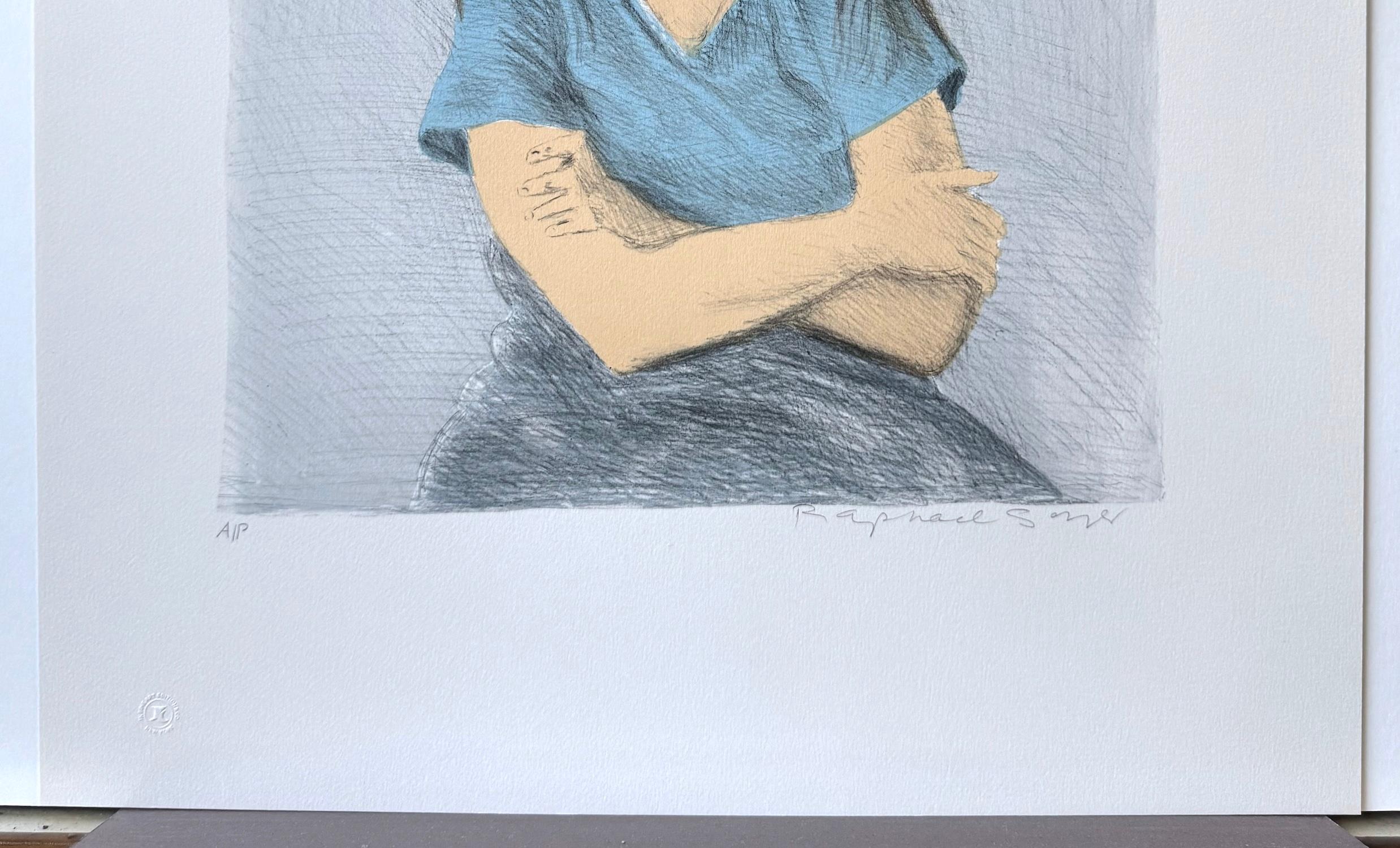 Lithographie signée, jeune femme aux bras croisés, t-shirt bleu en vente 3