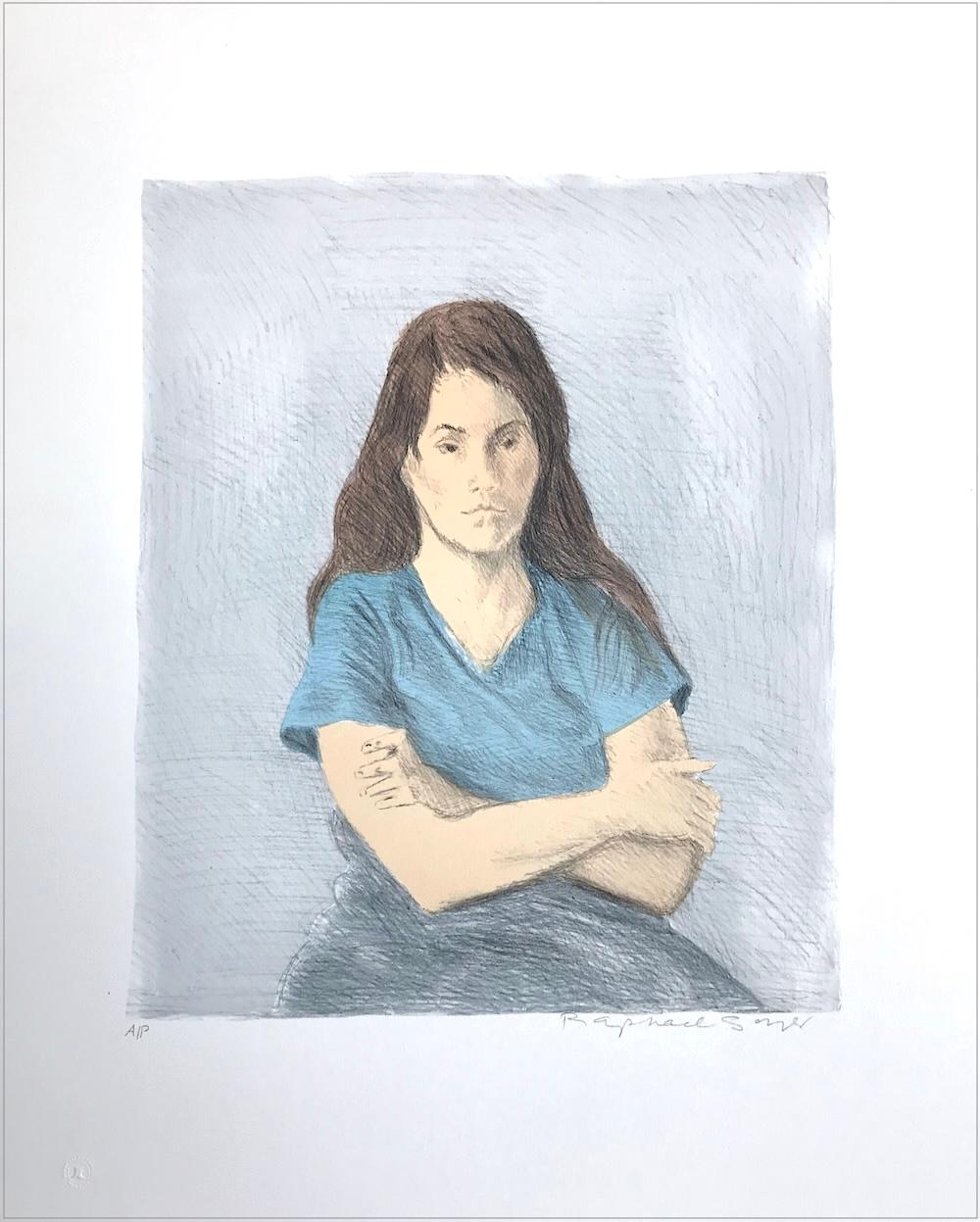 DONNA SEDUTA A BRACCIA INCROCIATA Litografia firmata, Giovane donna a braccia incrociate, T-shirt blu - Print di Raphael Soyer