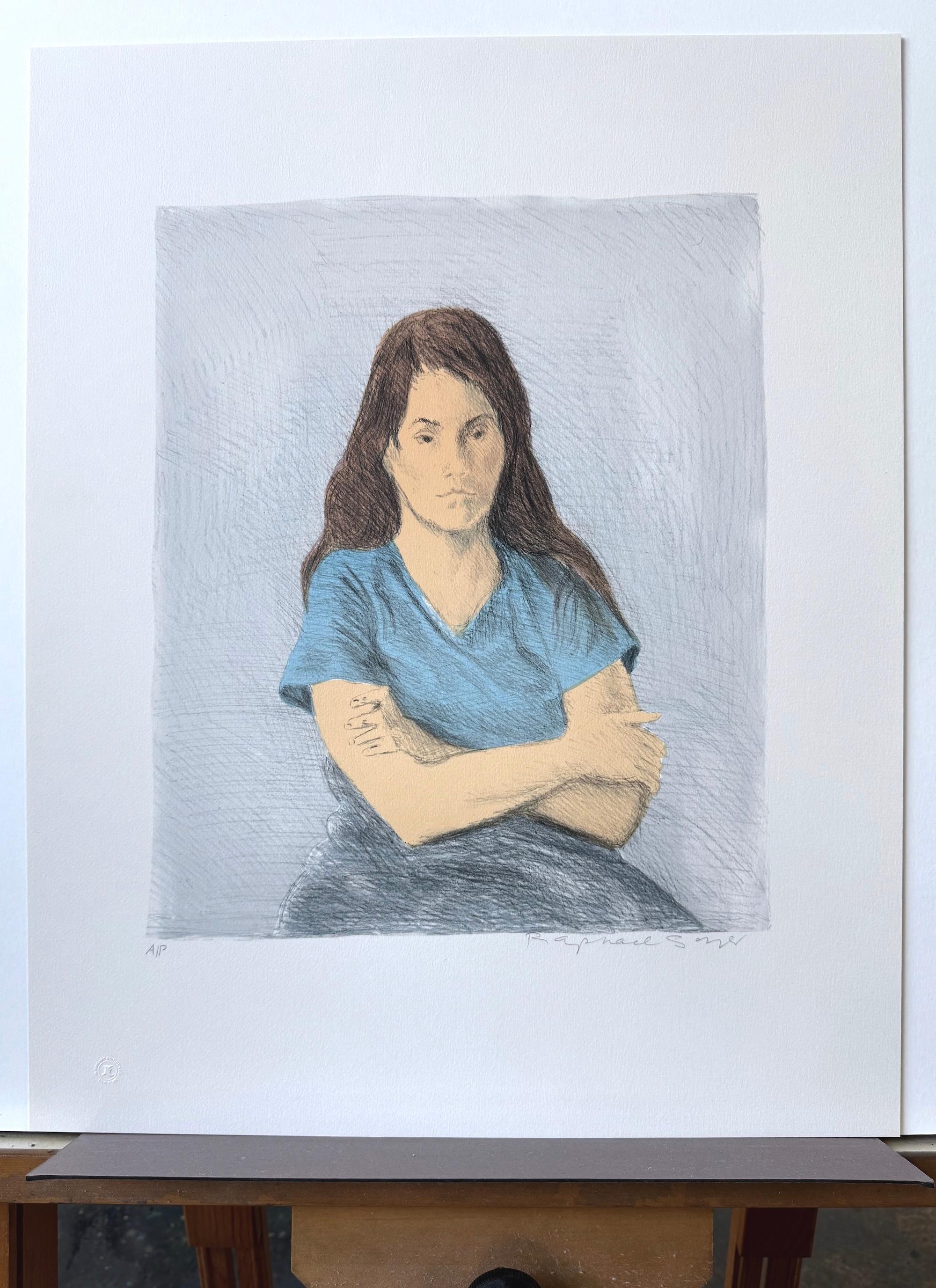Lithographie signée, jeune femme aux bras croisés, t-shirt bleu en vente 4