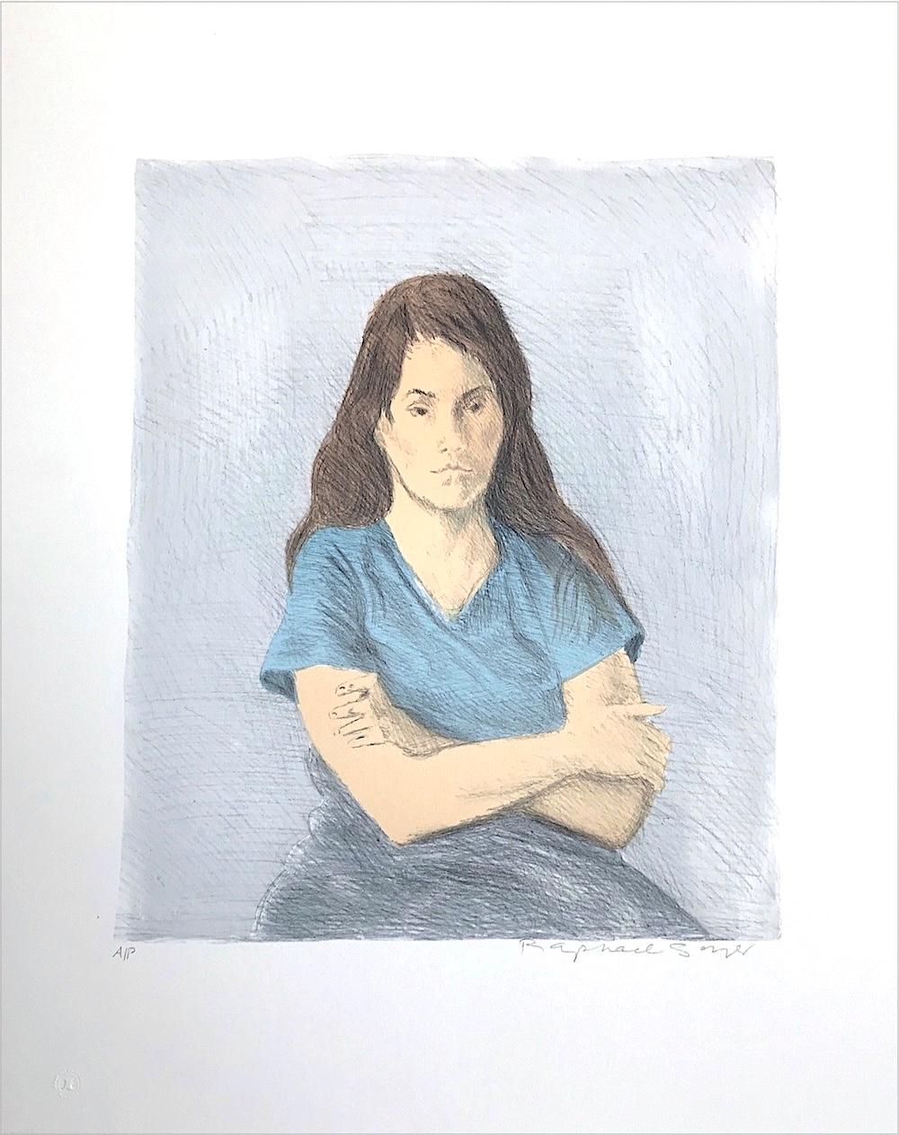 SEATED WOMAN ARMS CROSSED Signed Lithograph, Young Woman Arms Crossed, Blue Tee - Print by Raphael Soyer