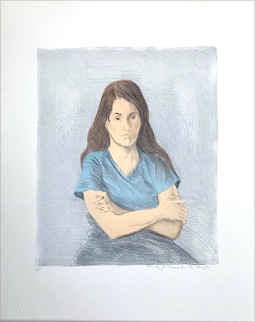 Signierte Lithographie „ SEATED WOMAN ARMS CROSSED“, junge Frau mit gekreuzten Armen, blauer Tee