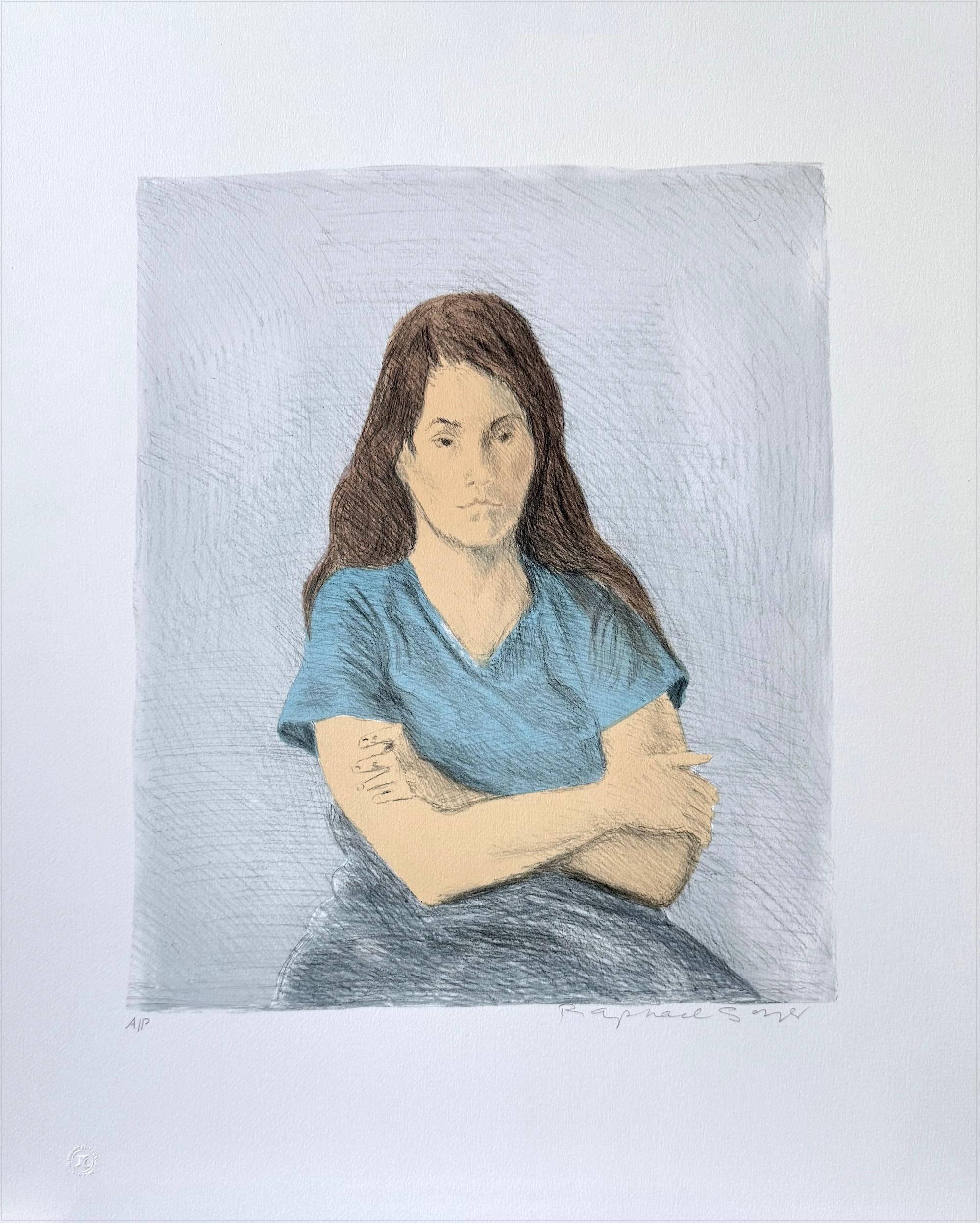 Signierte Lithographie „ SEATED WOMAN ARMS CROSSED“, junge Frau mit gekreuzten Armen, blauer Tee