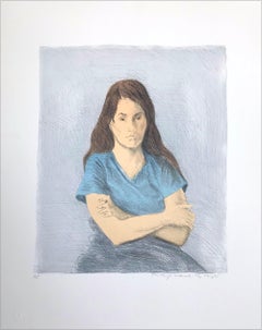Signierte Lithographie „ SEATED WOMAN ARMS CROSSED“, junge Frau mit gekreuzten Armen, blauer Tee